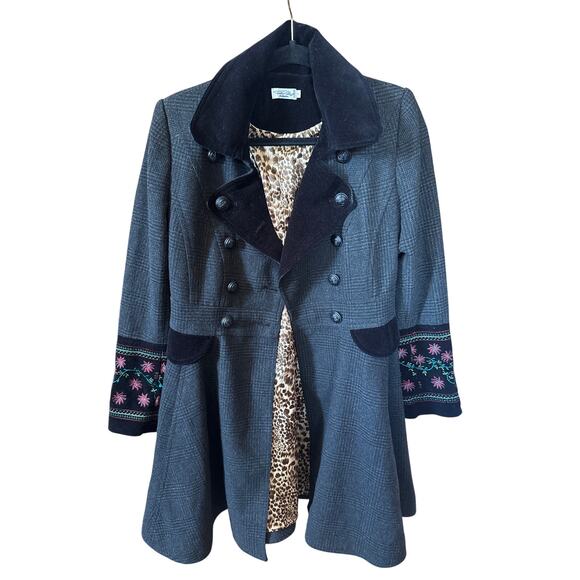 Tasha Polizzi Double Breasted Embroidered Wool Coat Small Satin Leopard Lined - Picture 1 of 10